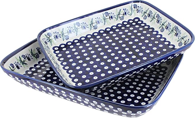 Blue Rose Polish Pottery - Blue Sweet Annie Rectangular Baker Set - 2 Bakers - Unique, Dishwasher Safe, & Durable Bakeware