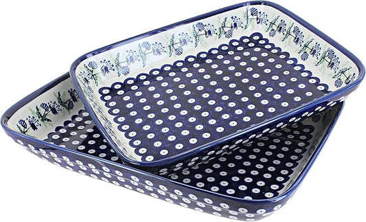Blue Rose Polish Pottery - Blue Sweet Annie Rectangular Baker Set - 2 Bakers - Unique, Dishwasher Safe, & Durable Bakeware