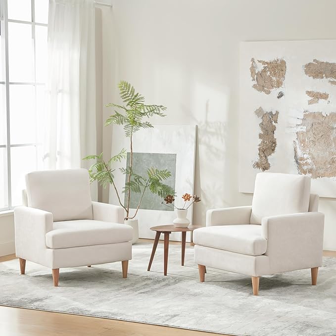 VKNOW Mid-Century Accent Chair, Modern Upholstered Chenille Armchair for Living Room,Comfy Reading Accent Chairs with Wood Legs for Bedroom, Beige