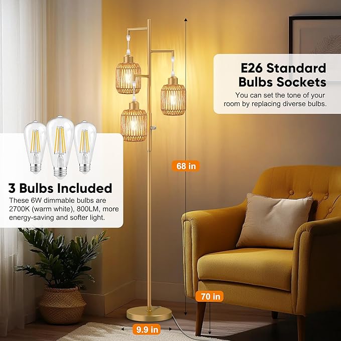 ROTTOGOON Dimmable Boho Floor Lamp - 3 Light Farmhouse Rattan Floor Lamp for Living Room, Industrial Tree Floor Lamps with 3 X 6W LED Bulbs, Rustic Standing Tall Lamp for Bedroom, 68", Gold