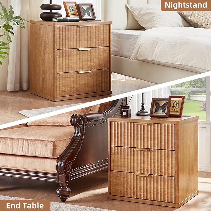 LEYAOYAO 23" Wide Fluted Farmhouse Night Stand Set of 2 with Charging Station, 3 Drawers Large End Table w/Metal Handle, Brown Nightstand Bedside Table,Wood Dresser for Bedroom, Closet