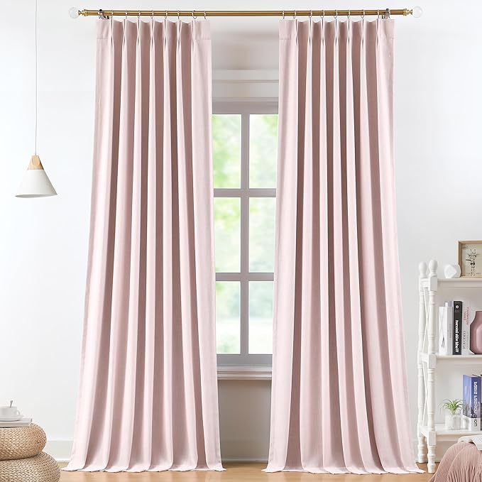 Vision Home Soft Pink Pinch Pleated Full Blackout Curtains Linen Blended Room Darkening Curtain Panels 102 inch for Living Room Bedroom Thermal Insulated Pinch Pleat Drapes with Hooks 40" Wx102 Lx2