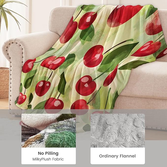 Cherry Blanket for Kids Adults, Cherry Gifts Flannel Throw Blanket, Cherry Decor Lightweight Warm Soft for Sofa Couch Bed Living Room Office 40" x 50"