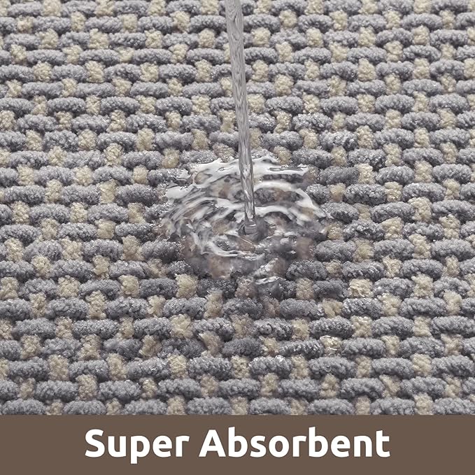 AMOAMI Chenille Bath Mat Super Absorbent Bathroom Mat Quick Dry Bath Mats for Bathroom Rubber Backed Bathroom Rugs Non Slip Washable Fit Under Door, Front of Bathtub, Sink, LIGHTGREY&Beige 17"x24"