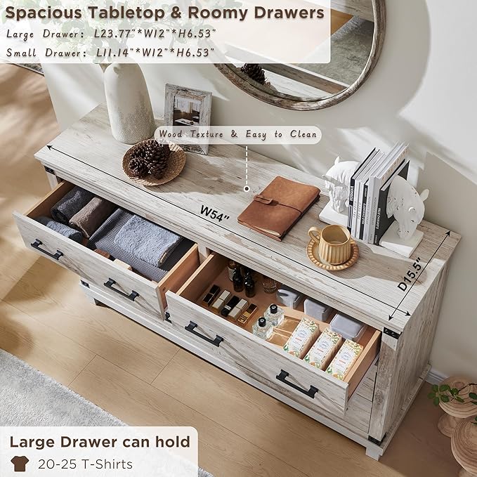 Farmhouse 7 Drawers Dresser for Bedroom, Wood Large Chest of Drawers with Thick Plank Styling, Rustic Closet Dresser for Bedroom, Living Room, Antique Brush White