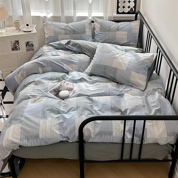 mixinni Full Comforter Set Soft Aesthetic Blue Geometric Checkered Plaid Printed Bedding Comforter for Men Boys, 1 Soft Microfiber Reversible Comforter with 2 Pillowcases for All Seasons