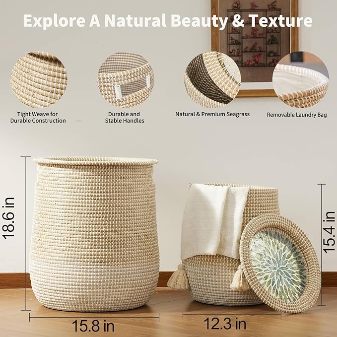 2 Pack Laundry Baskets Hamper with Removable Laundry Bag, Pure Handwoven Storage Basket, Natural Seagrass Decorative Clothes Hamper for Living Room household, Toy Blanket Plant Organization