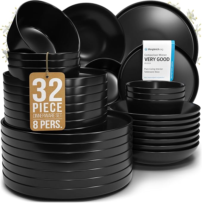 Matte Black Dinnerware Set - 32-Piece Stoneware Set for 8 People - Dishwasher & Microwave Safe - Black Matte