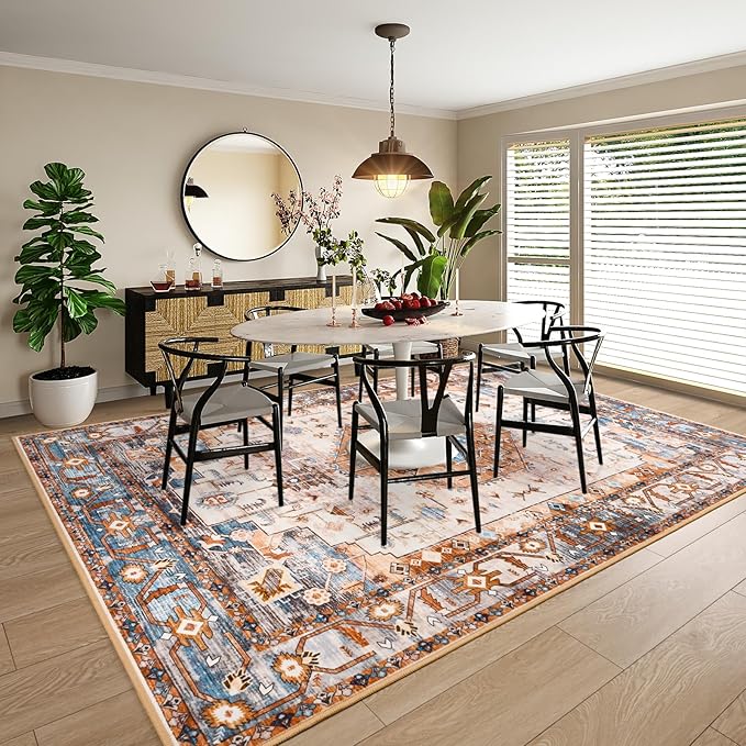 Large Washable 6x9 Area Rug, Orange Vintage Floral Rugs for Living Room, Non Slip Low Pile Carpet for Bedroom Dining Room, Thin Indoor Carpet for Office Classroom