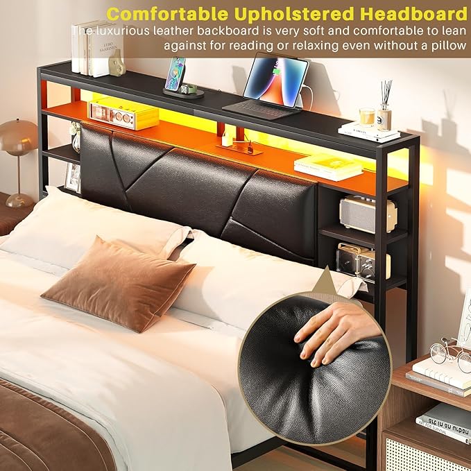 Queen Size Headboard with Charging Station and Smart RGB LED Lights, Queen Bed Upholstered Head Board with Storage Shelf, Sturdy and Solid Headboards for Bedroom, Guest Room and Dorm, Black