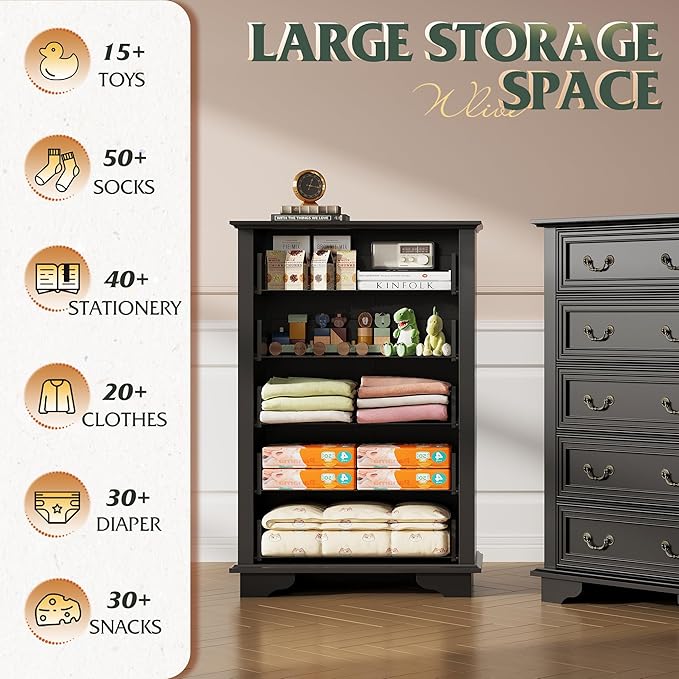 WLIVE Farmhouse Dresser for Bedroom, Tall Wood Dresser with 5 Drawer, Chest of Drawers with Roman Metal Handle for Living Room, Hallway, Closet, Black