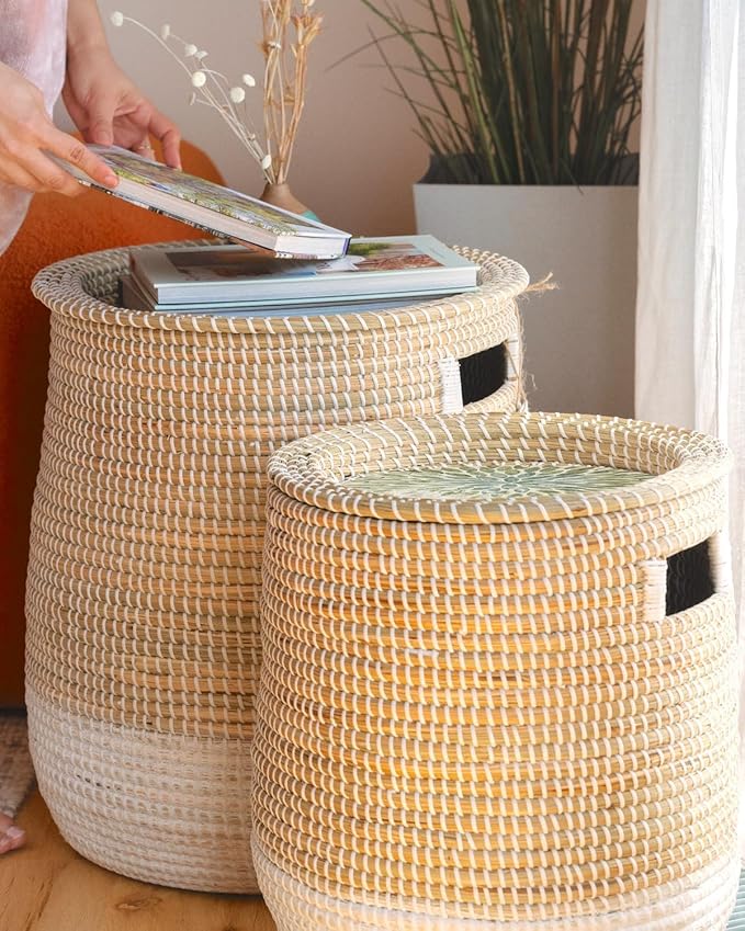 2 Pack Laundry Baskets Hamper with Removable Laundry Bag, Pure Handwoven Storage Basket, Natural Seagrass Decorative Clothes Hamper for Living Room household, Toy Blanket Plant Organization