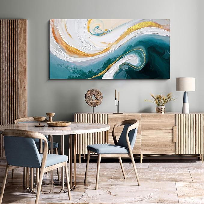 XLSJERST Abstract Canvas Wall Art for Living Room - Large Nave Blue and White Wall Decor Picture Modern Orange Painting Artwork for Bedroom Home Office Decoration Size 48x24 Inches