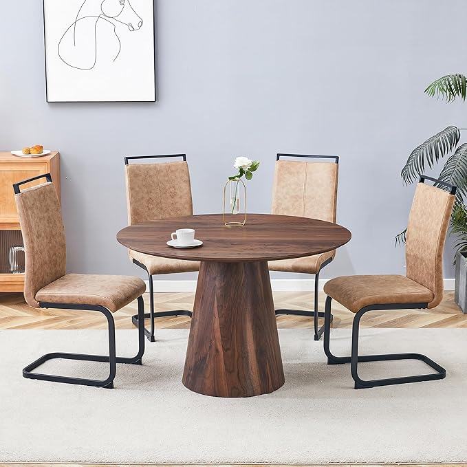 45 Inch Round Dining Table Set for 4, 5 Piece Kitchen Table and Chairs Set, Wooden Table with Walnut Finish, Small Space Dining Set for Apartment or Dining Room