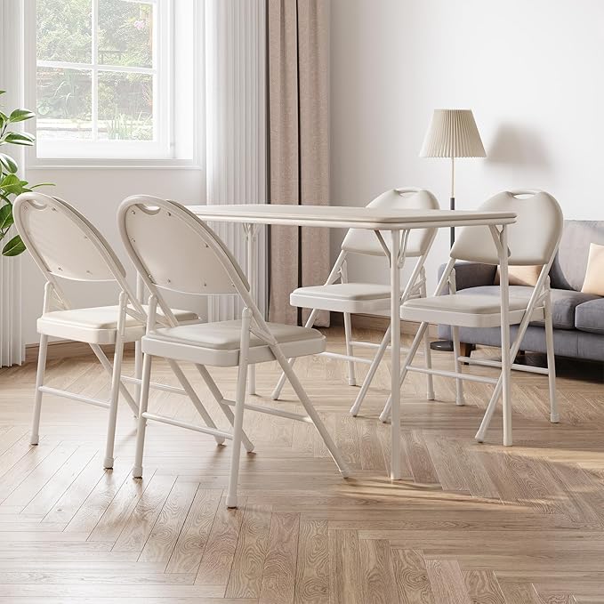 IDEALHOUSE Protable Folding Table and Chairs, 5 Piece Folding Card Table and Chairs Set, Foldable PU Upholstered Table and Chairs Set of 5, for Dining Room, Living Room, Office, Camping, Beige
