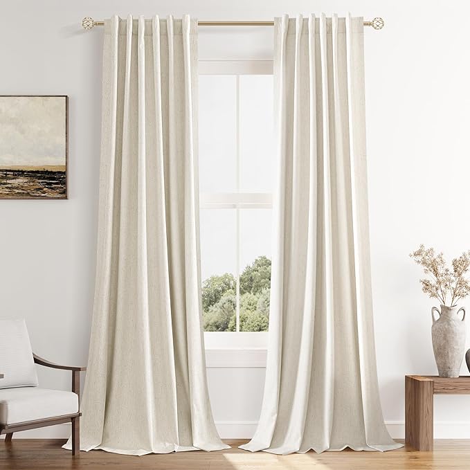 Guken Beige Cream Linen Blackout Curtains 42 Inch Wide by 108 Inch for Living Room Bedroom Back Tab Thermal Insulated 100% Black Out Linen Drapes Room Darkening Window Curtains