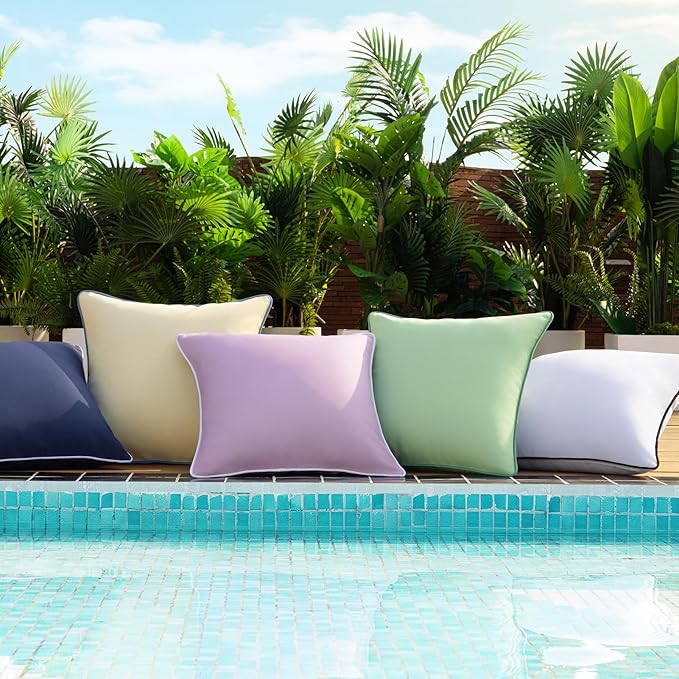 Phantoscope Pack of 2 Outdoor Waterproof Throw Pillow Covers with Contrast Piping, Decorative Square Cushion Case Patio Pillows for Couch Tent Sunbrella, Pure White 18x18 inches