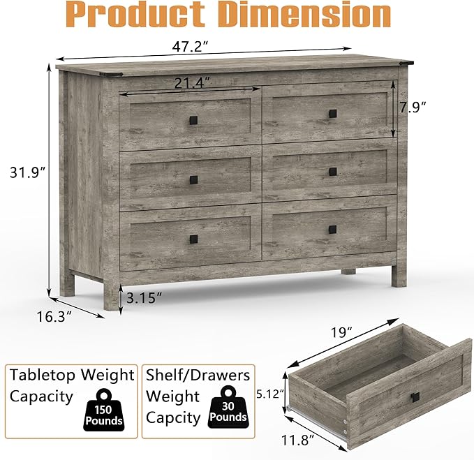 Wood 6 Drawer Dresser & 2 Nightstand Set for Bedroom, Wide Drawer with Farmhouse Handle for Bed Room, Hallway, Rustic Grey
