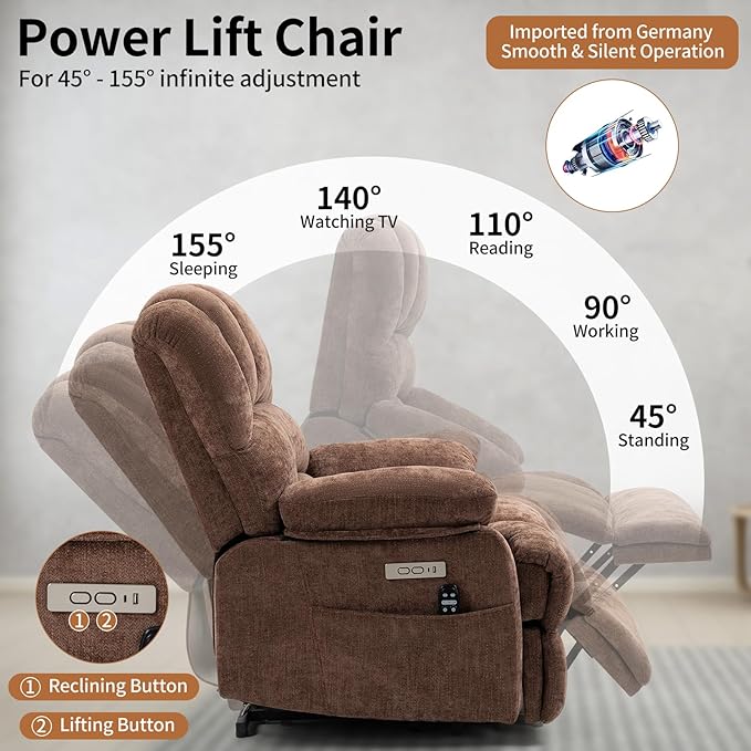 Power Lift Recliner Chair for Elderly People, Oversized Lift Recliner with Vibration Massage and Heat for Seniors with Charging Ports, Side Pockets, Chenille Fabric Brown