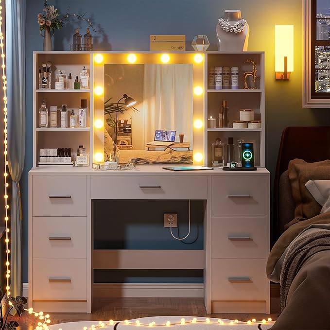 Large Vanity Desk with Mirror and 10 Lights, Makeup Vanity Table with Power Outlet, 7 Drawers and 6 Storage Shelves, Makeup Vanity Desk Dressing Table with 3 Lighting Modes for Bedroom (White)