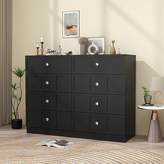 8 Drawer Dresser for Bedroom: 47" Fluted Black Dresser Deep Drawers, Modern Chest of Drawers for Bedroom, Fluted Wood Dressers for Living Room, Hallway