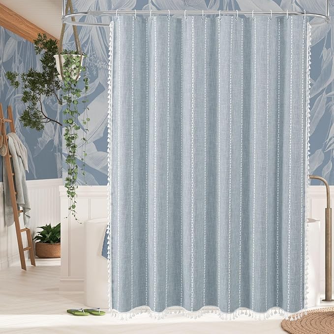 MitoVilla Boho Long Shower Curtain 72 x 78, Blue Farmhouse 78 inch Long Polyester Linen Fabric Shower Curtains with Tassel for Chic Cottagecore French Rustic Bathroom Decor