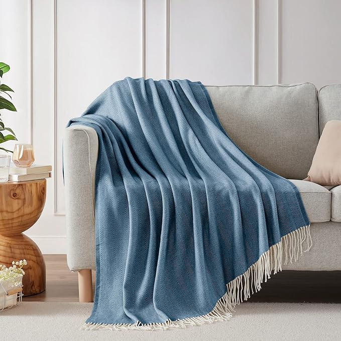 BOURINA Decorative Herringbone Faux Cashmere Fringe Throw Blanket Lightweight Soft Cozy for Bed or Sofa Farmhouse Outdoor Throw Blankets, 50" x 60", Navy