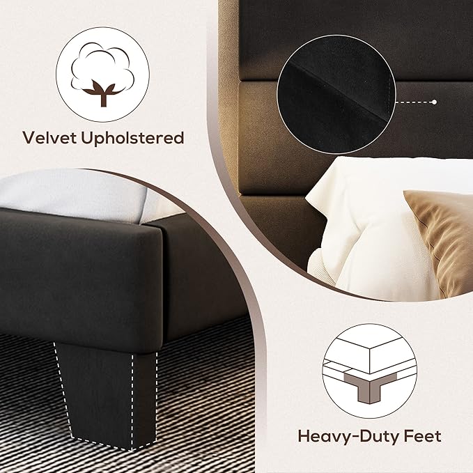 WEEWAY King Bed Frame Platform Bed with Velvet Upholstered Headboard and Wooden Slats Support, Heavy Duty Mattress Foundation, No Box Spring Needed, Easy Assembly, Black