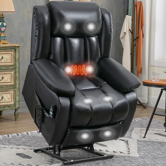 Dual Motor Large Recliner with Massage and Heat, Power Lift Chairs for Elderly, Leather Recliner Chairs for Adults with 2 Remote Controls, Black Big and Tall Recliner