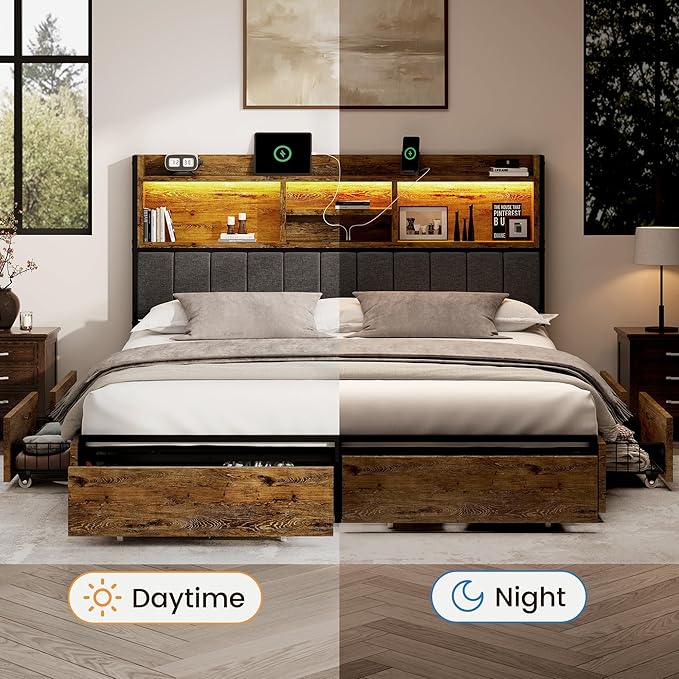 King Bed Frame with 6 Storage Drawers, Linen Upholstered Headboard, Built-in USB Charging Station & LED Lighting, Silent Metal Support, No Box Spring Needed, Vintage Brown