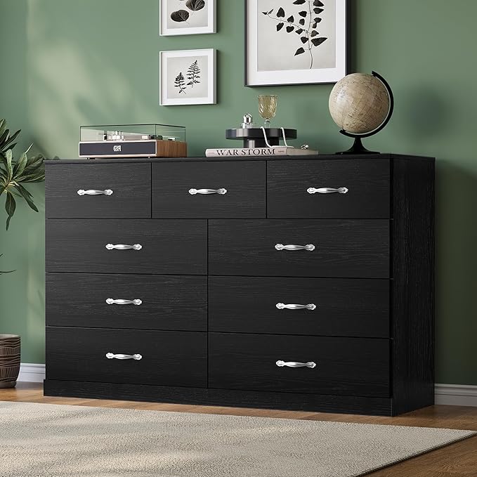 LINSY HOME 9 Drawer Dresser for Bedroom, 54" Wide Chest of Drawers, Modern TV Stand Dressers with Wood Frame and Metal Handles, Large Drawer Organizer for Bedroom, Living Room, Black