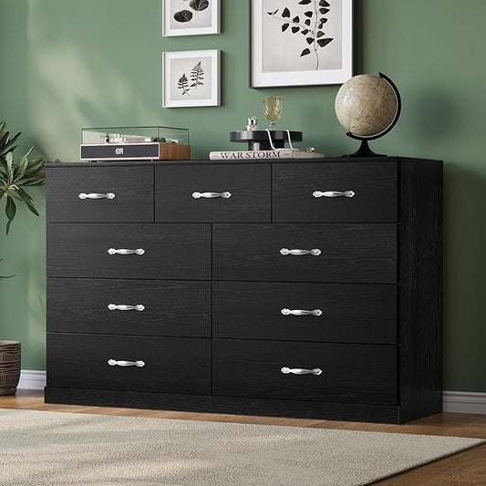 LINSY HOME 9 Drawer Dresser for Bedroom, 54" Wide Chest of Drawers, Modern TV Stand Dressers with Wood Frame and Metal Handles, Large Drawer Organizer for Bedroom, Living Room, Black