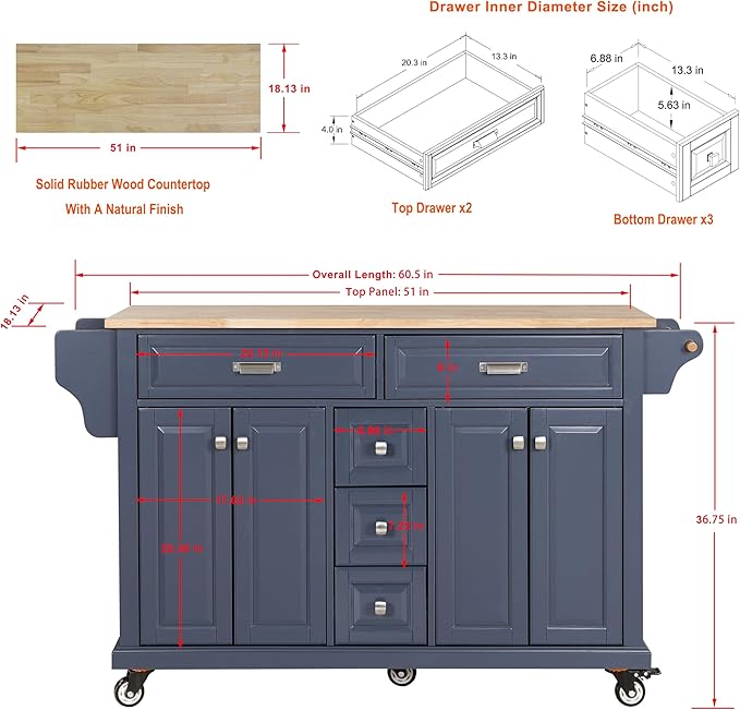 60.5 Rolling Solid Wood Kitchen Island with Rubberwood Top, 5 Drawers, 2 Cabinets, Adjustable Shelves, Spice Rack & Locking Wheels – Painted Finish, Navy Blue