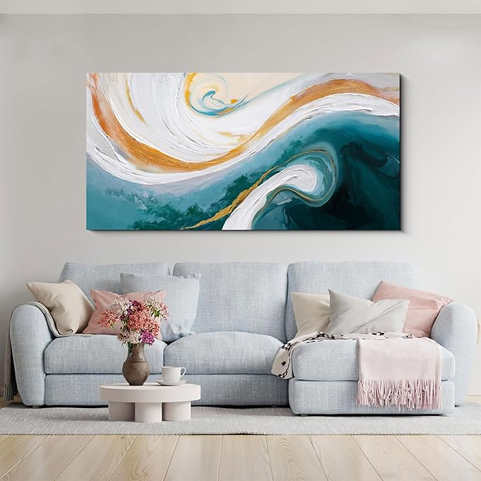 XLSJERST Abstract Canvas Wall Art for Living Room - Large Nave Blue and White Wall Decor Picture Modern Orange Painting Artwork for Bedroom Home Office Decoration Size 58x29 Inches