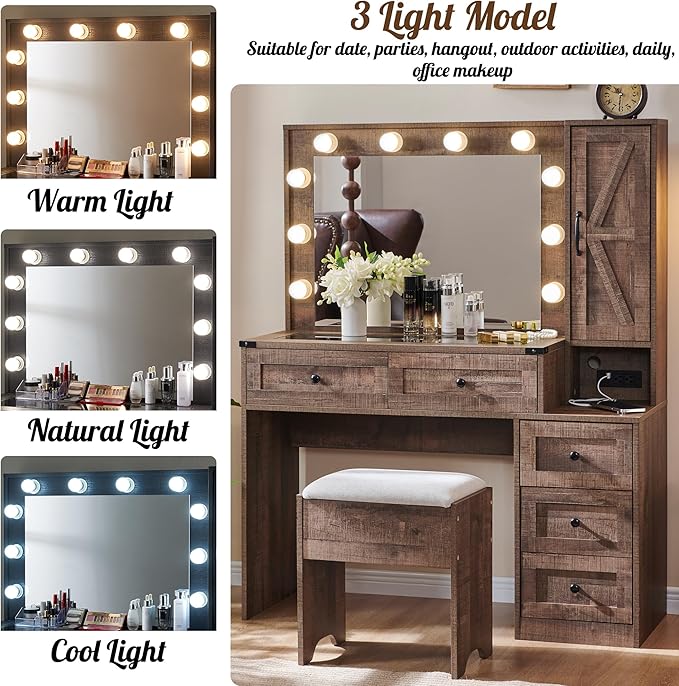 Farmhouse Vanity Desk with Mirror and Lights, 43" Wide Makeup Vanity with Glass Tabletop and Charging Station, Modern Vanity Table Set with Storage and Stool for Bedroom, Light Brown