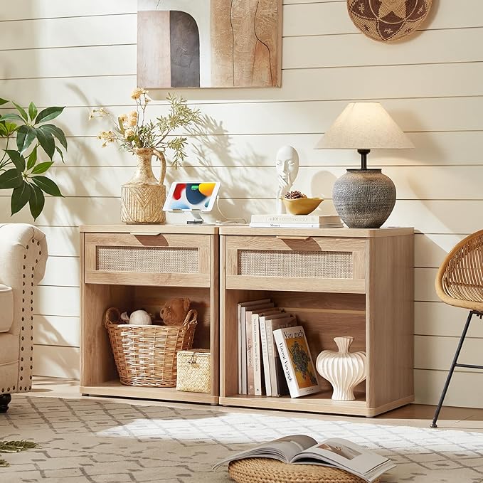 LEYAOYAO Rattan Nightstands Set of 2 with Charging Station, 23" Wide Boho Night Stand with Drawer, Natural Wood Bedside Table Open Cabinet, Bed Side End Table Dresser for Bedroom, Living Room, Hallway