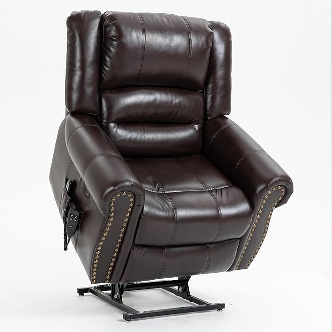 Power Lift Recliner Chair for Elderly, Dual Motor Massage Recliner with Lumbar Heat, Heavy Duty Motion Mechanism Lift Chair with Charge Ports, Faux Leather - Antique Brown