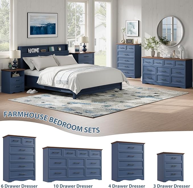 Blue 10 Drawer Dresser for Bedroom, 59" Wide Chest of Drawers w/Brushed Metal Handle, Wood Dresser TV Stand Closet Organizers and Storage Cabinet for Bedroom, Living Room, Hallway