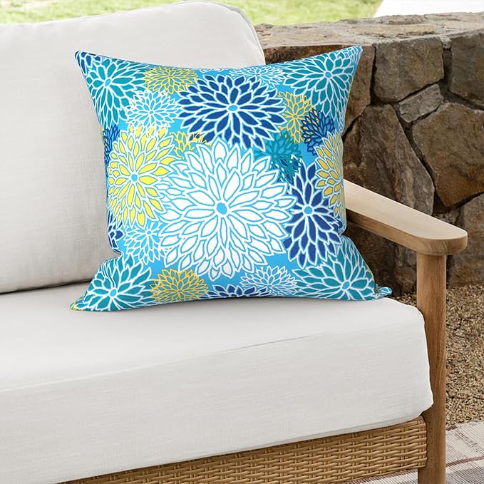 Outdoor Throw Pillows 16x16 Inch, Water Repellent Patio Pillows with Inners Set of 2, Outdoor Pillows for Patio Furniture Home Garden, Dahlia Blue