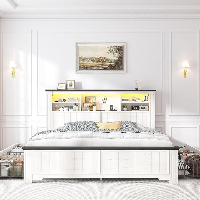 EnHomee Full Size Bed Frame with Headboard and Storage, 4 Drawers and LED Built in Charging Station Full Bed Frame with Storage Farmhouse,NO Noise,No Box Spring Needed,White