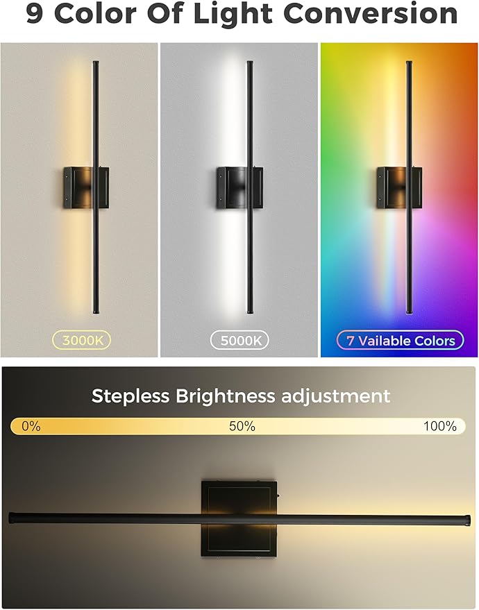 Battery Operated Wall Sconces set of 2, 10 Color 6000mAh Rechargeable Wall Sconce not Hardwired, 350°Rotate, Dimmable Wireless Wall Sconce, Sconce Wall Decor for Living Room, Hallway, Bedroom, Black