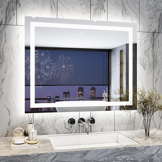 Antok 32"x 40" LED Bathroom Mirror with Lights, Anti-Fog, Dimmable, Lighted Vanity Mirror with Tempered Glass, Memory Function, 3 Light Modes, Safe Use, Horizontal, Vertical