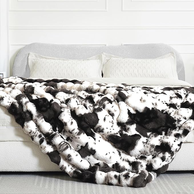 Ultra Plush Bubble Faux Rabbit Fur Blanket – 950GSM Thick Fluffy Throw Blanket for Bed, Couch, Sofa, or Gift, 50" × 60", Black Cow