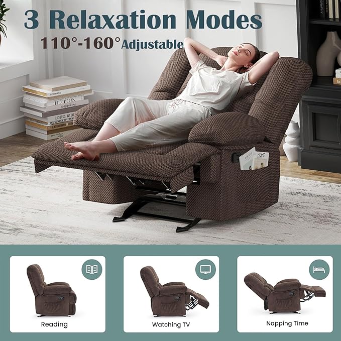 Oversized Rocker Recliner Chair, Wide Rocker Chair with Adjustable Backrest Footrest, Oversized Recliner for Adults, Cashmere Reclining Sofa for Living Room, Chocolate