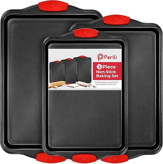 PERLLI Non-Stick 3-Piece Baking Pan Set, BPA-Free Carbon Steel Bakeware Set with Silicone Handles, Stackable Kitchen Oven Set, Cookie Sheet, Baking Tray, Baking Sheet Set, Oven Safe (446°F)