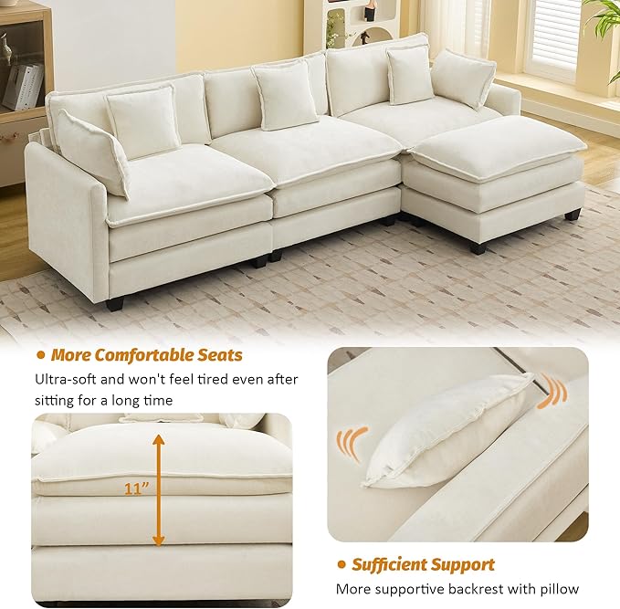 111'' Sectional Cloud Deep Seat Couch, Modern Comfy Chenille L Shaped Sectional Sofa for Living Room Set, Upholstered Modular 4-Seats Sofa Couch with Movable Ottoman, Beige