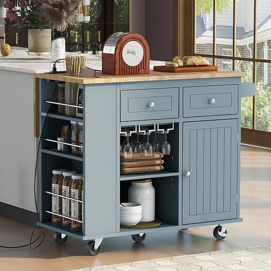 Rolling Mobile Kitchen Island Cart Cabinet with Door, Wine Rack, 2 Drawers and Open Storage Shelves for Dining Room