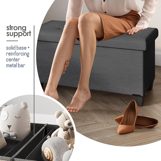 STORAGEBUD Storage Ottoman Bench with Bins, 30-in Storage Bench for Bedroom End of Bed, Folding Foot Rest Ottoman for Living Room Max 660lbs, Fabric Ottomans, Grey