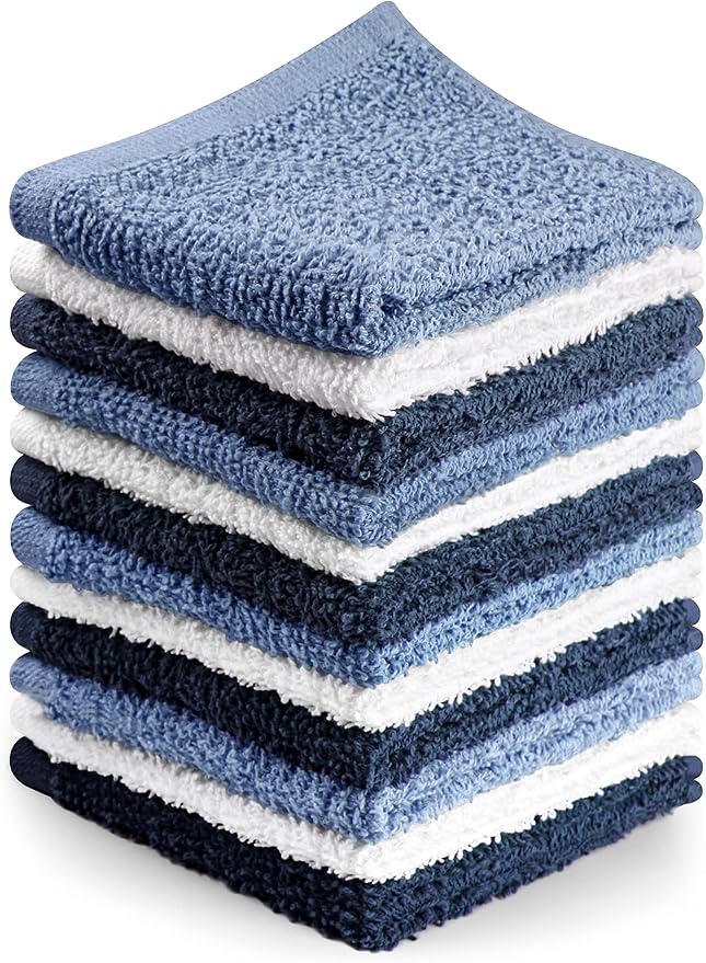 Towel and Linen Mart 100% Cotton - Wash Cloth Set - Flannel Face Cloths, Highly Absorbent and Soft Feel Fingertip Towels (Navy, White & Sky Blue, Pack of 12)