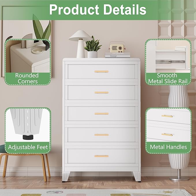 Metal Dresser Tall White Dresser for Bedroom Chest,53.54" H White Drawer Chest, Closet Dressers & Chests of Drawers for Living Room, Hallway (5 Drawers Rounded Corners)